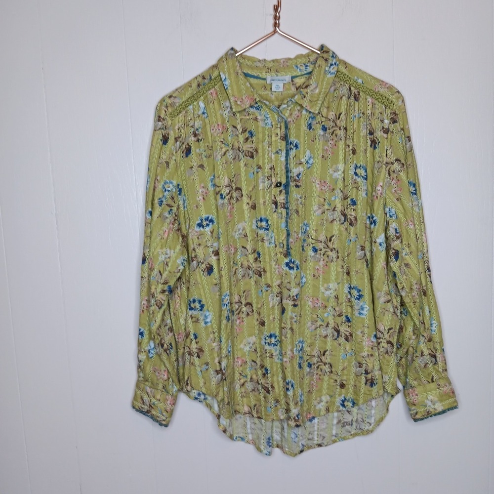 Sundance Shirt Women Petite Size PXL Green Floral Eyelet Embroidered Boho